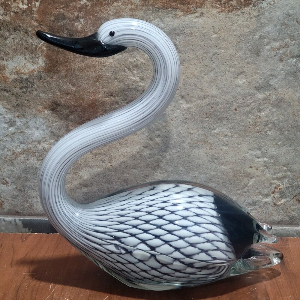 Hand Blown Art Glass Black White Swan Sculpture Glass Duck